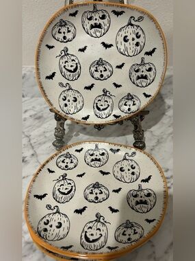 x4 Eli + Ana Ceramic Jack o Lantern Pumpkin and Bat Halloween Salad Plate Set